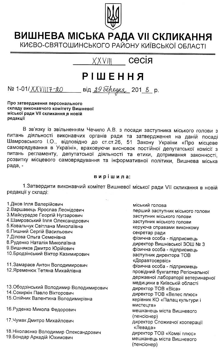РІШЕННЯ ХХVІII СЕСІЇ VIІ СКЛИКАННЯ від 29.03.2018 року